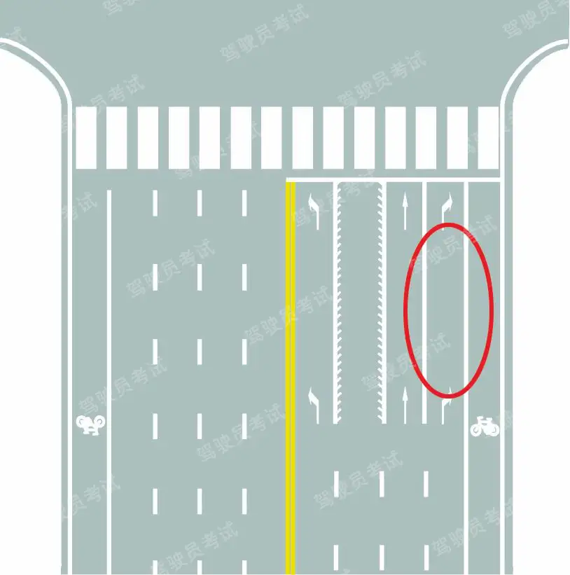 圖中圈內(nèi)白色實線是什么標線？A、可變導向車道線B、導向車道線C、方向引導線D、單向行駛線答案是B