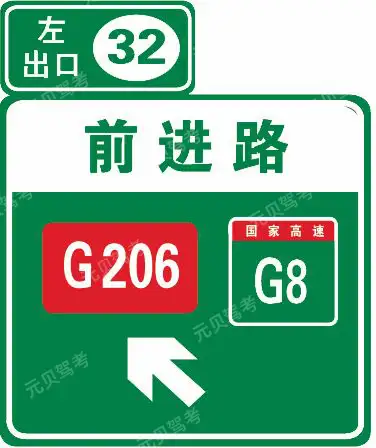 这个标志是何含义？A、高速公路下一出口预告B、高速公路右侧出口预告C、高速公路目的地预告D、高速公路左侧出口预告答案是D