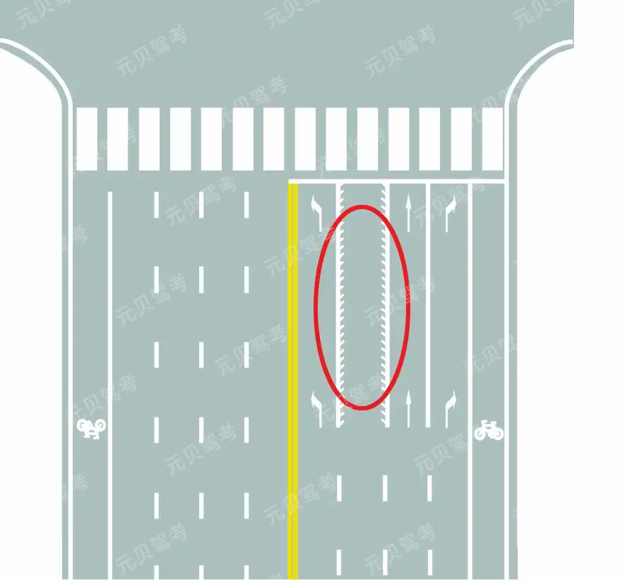 图中圈内的锯齿状白色实线是什么标线？A、导向车道线B、方向引导线C、可变导向车道线D、单向行驶线答案是C