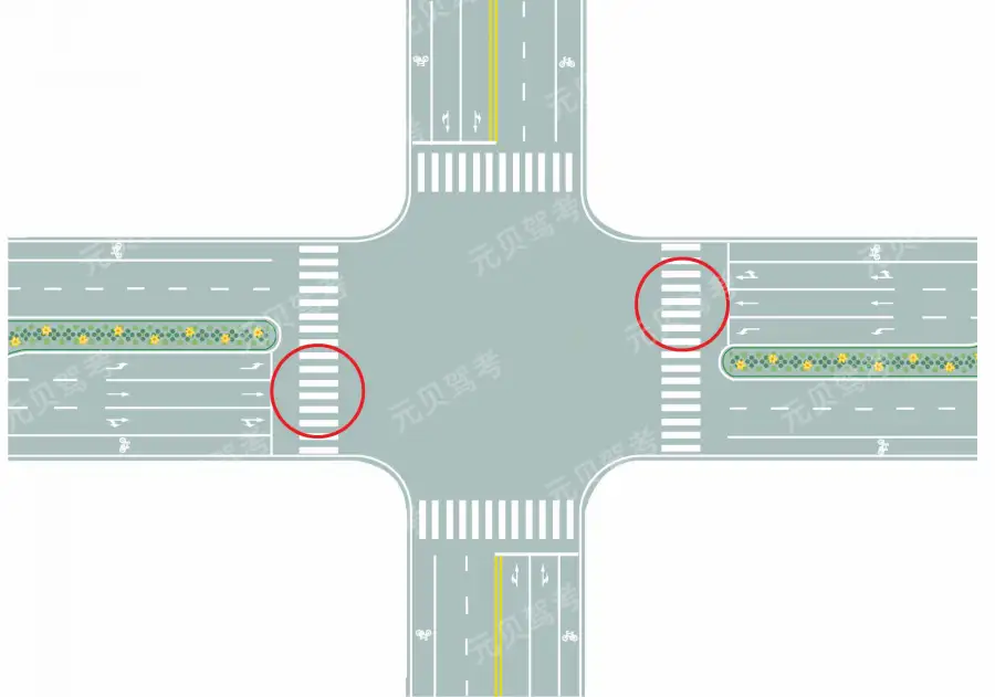 图中圈内的路面标记是什么标线？A、路口示意线B、停车让行线C、减速让行线D、人行横道线答案是D