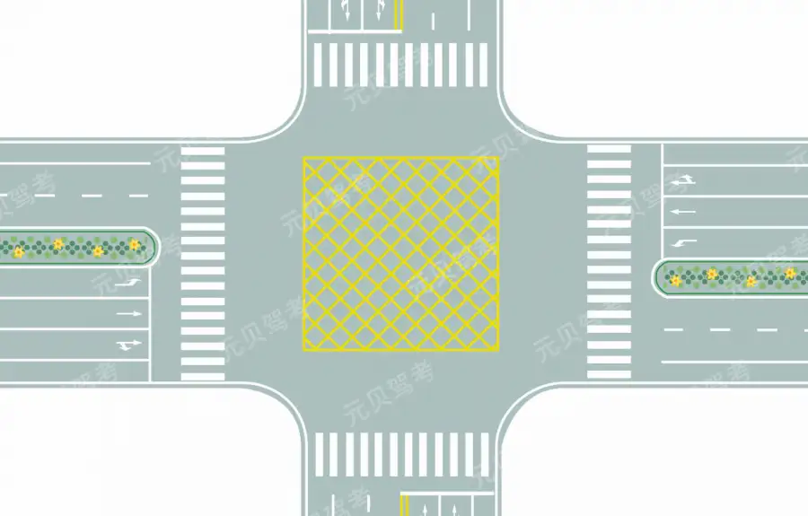 图中路口中央黄色路面标记是什么标线？A、中心圈B、导流线C、网状线D、停车区答案是C